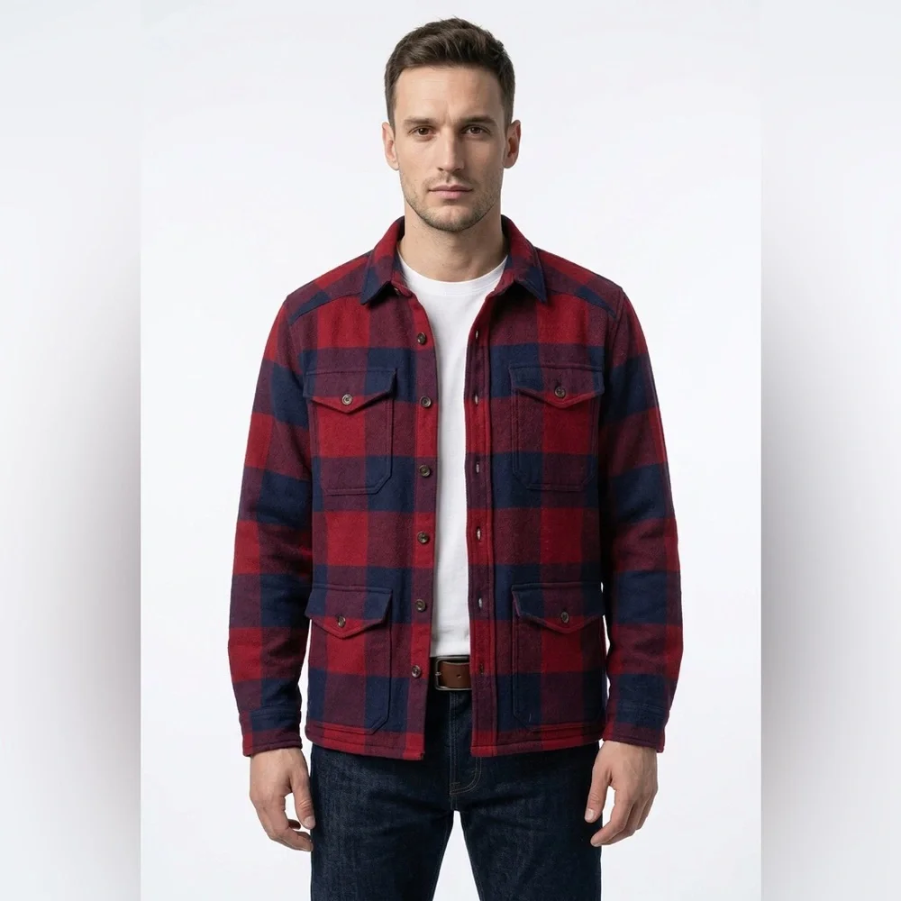 Fat Face Mens Red Blue‎ Wool Blend Buffalo Plaid Sherpa Lined Shirt Jacket Large